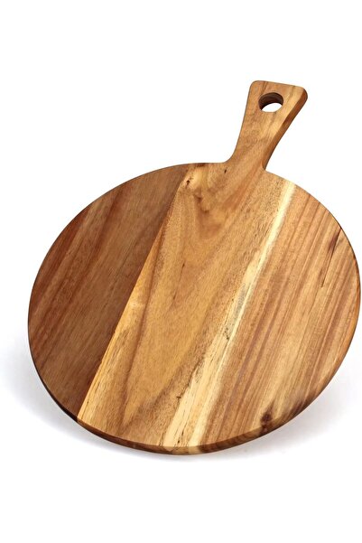 007 Ayiaren Acacia Wood Round Cutting Board with Handle, 40.6×30.5×1.8 cm