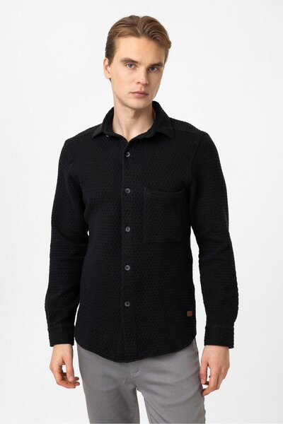Back And Bond Siyah Regular Fit Cepli Örgü Desenli Gömlek