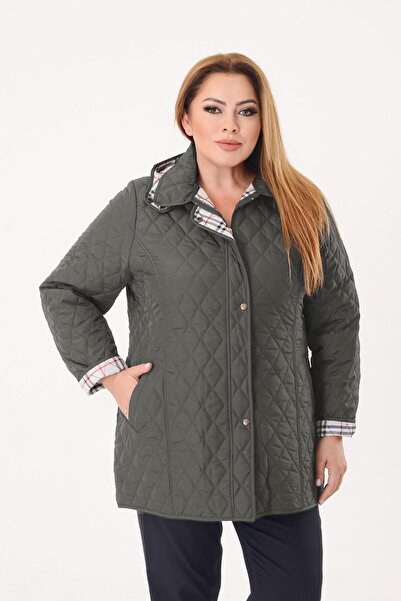 LİLAS XXL Büyük Beden Haki Renk İçi Ekose Desenli Kapitone Mont