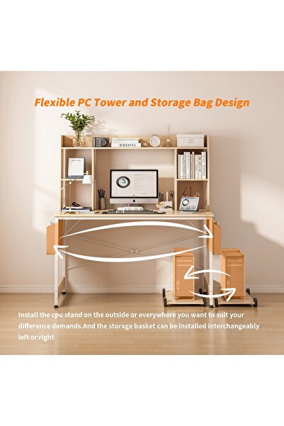 Venpara Study Desk with Bookshelf, Large Office Desk, Computer Table with Storage Bag & CPU Stand