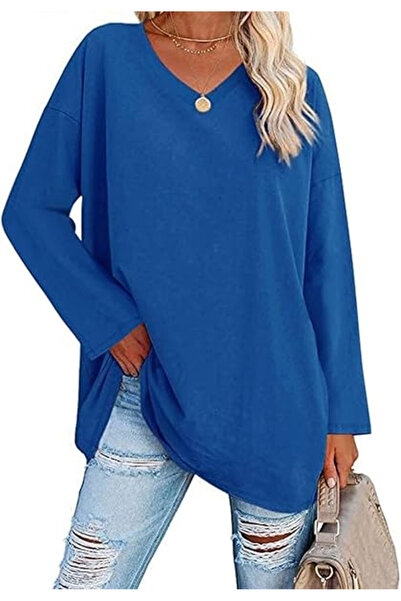 OEM Women's oversized loose blouse, long sleeve top, blue L