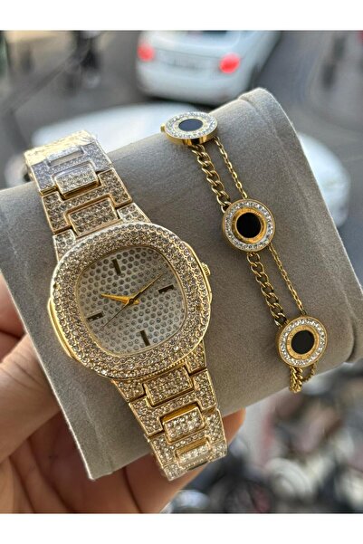 captiva Şık Özel Tasarım Gold Renk Zirkon Taşlı Kol Saati Ve Çelik Bileklik