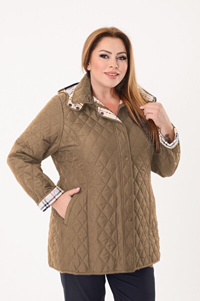 LİLAS XXL Büyük Beden Vizon Renk İçi Ekose Desenli Kapitone Mont