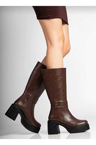 Best Group Cizme de damă cu cataramă, confortabile, cu toc înalt și gros