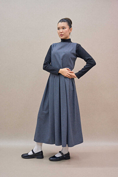 KÜÇÜĞÜM BUTİK Μπλε μικρό καρό φόρεμα με πλισέ