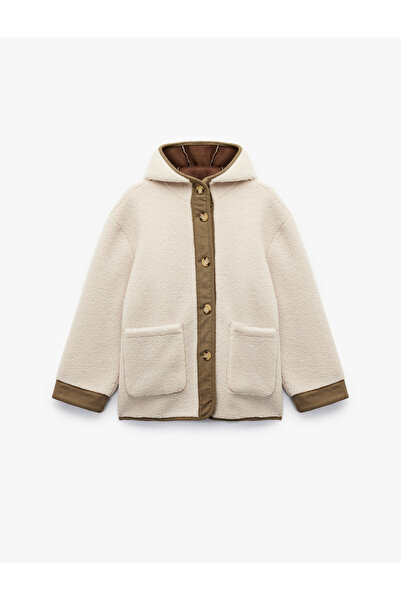 Koton Long Sleeve Hooded Suede Lined Buttoned Plush Coat with Pockets