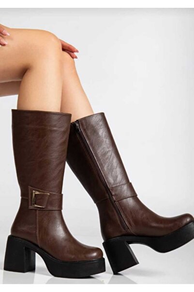 Best Group Cizme de damă cu cataramă, confortabile, cu toc înalt și gros