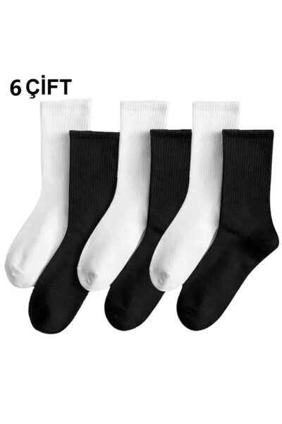 hırçın 6 Pairs of Unisex Cotton Economic Solid Black and White Tennis Socks
