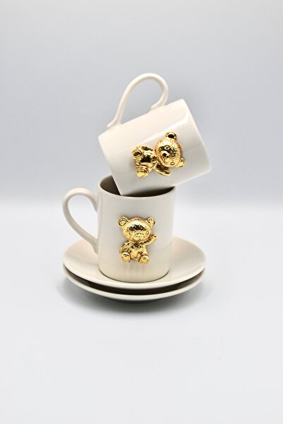 iQey Home Teddy Bear Gold Teddy Bear Detailed Porcelain Cup Set - for 2 People