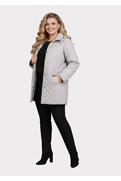 LİLAS XXL Büyük Beden Bej Renk İçi Ekose Desenli Kapitone Mont