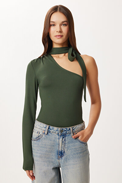 Lovelyİstanbul Asymmetrical Knitted Blouse with Scarf Lub0310 Khaki