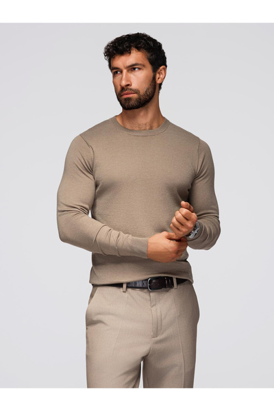 OMBRE Classic Men's Viscose Sweater BASIC with Round Neck - Light Beige v15 OM-SWBS-0106
