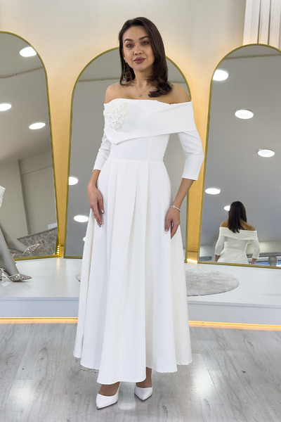 zks grup tekstil Kadın Çıkarılabilir Çiçek Detay Madonna Yaka Midi Boy Elbise Bej, Bordo, Siyah, Kırmızı, Beyaz