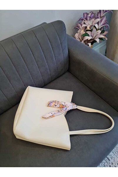 YMZBAG Geantă de umăr cu închidere cu fermoar, cu detaliu de eșarfă triunghiulară CREAM