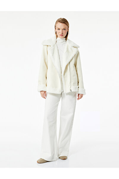 Koton Faux Fur Collar Zippered Pocket Suede Look Biker Jacket