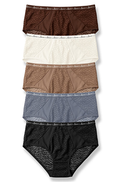 HNX 5 قطع من سراويل داخلية نسائية بخصر عالٍ ومزينة بتفاصيل من الدانتيل على شكل جلد الفهد وشريط مطاطي بتصميم LOVE