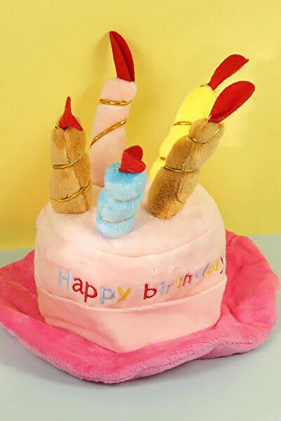 TAKIŞTIR Pink Color Cat Dog Hat with Happy Birthday Written on It and Candle Figure