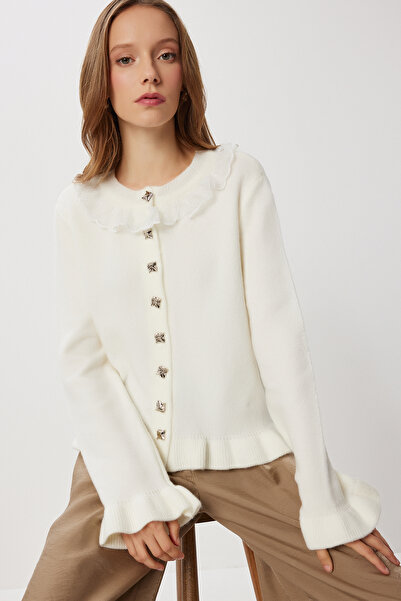 Lovelyİstanbul Ruffled Embroidered Collar Knitwear Cardigan Lki̇0049 Ecru