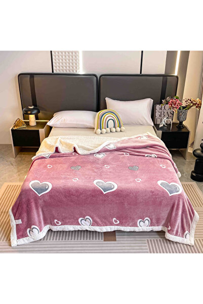 JOJO HOME Cocolino blanket with Printed fur, 200x230cm, Hearts, Pink