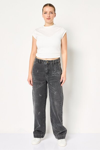 PROMOD Women Wide Leg Paisley Pattern Non-Stretchable Jeans, Dark Grey