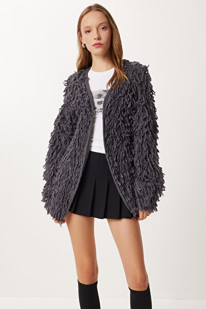 Lovelyİstanbul Fringed Oversized Knitwear Cardigan Lki̇0046 Anthracite