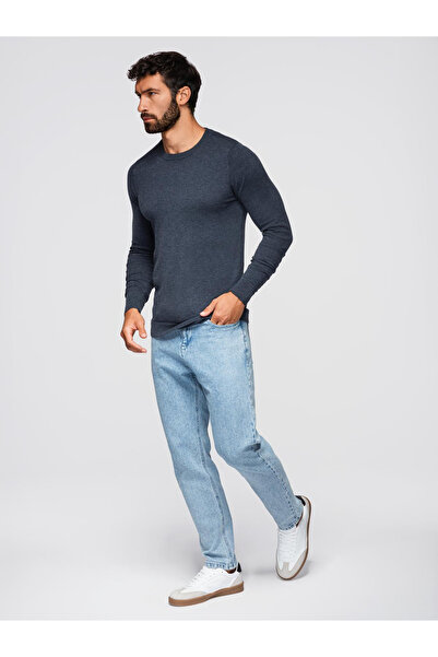 OMBRE Klasický pánský viskózový svetr BASIC s kulatým výstřihem - tmavě modrá melanž v16 OM-SWBS-0106