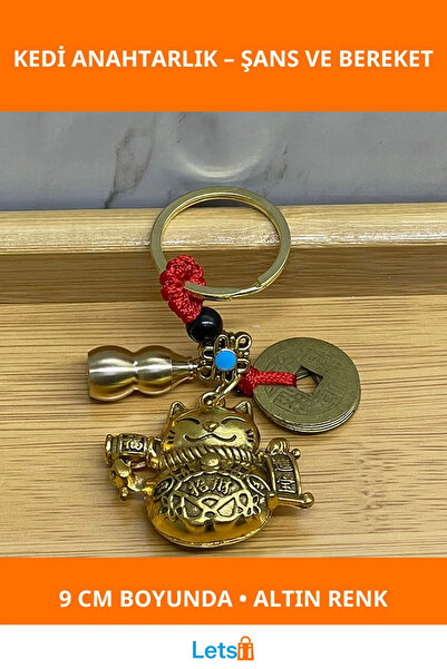 Letsii سلسلة مفاتيح معدنية على شكل قطة الحظ والبركة مقاس 9 سم لون ذهبي