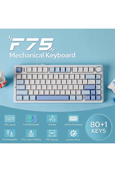 Epomaker x AULA F75 75% Wireless Gasket Mechanical Keyboard (Sea Salt Blue, LEOBOG Reaper Switch)