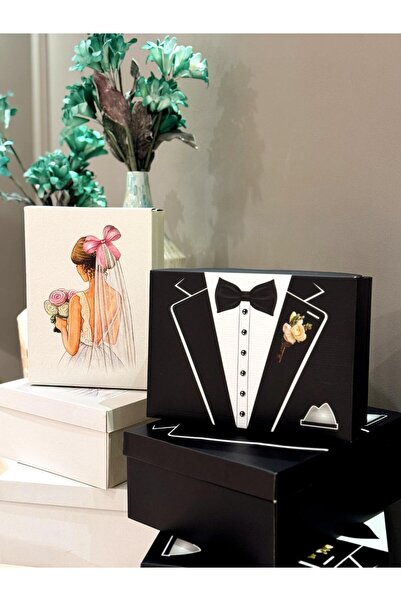 KOLİX 2-Piece Tuxedo Patterned Groom and Pink Bow Bridal Dowry Box Groom's Bundle and Bride's Box Set of 2