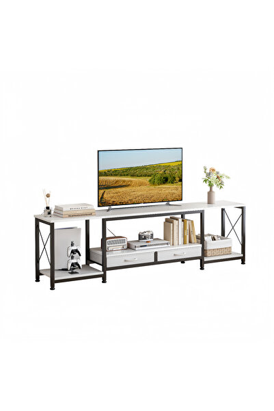 Venpara Modern TV Table for 70 Inch TVs, TV Stand with 2 Fabric Drawers, X Shape Design, Open Shelf Storage