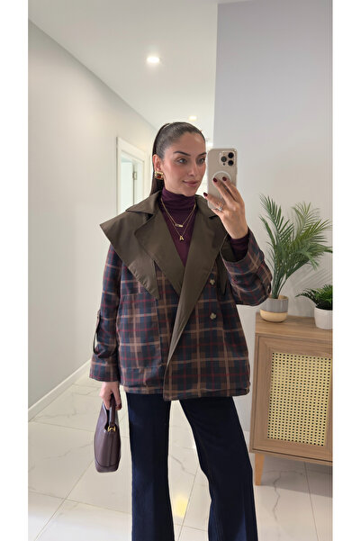 BİRCANÇİL Polin Khaki Double-Sided Plaid Trench Coat with Cape