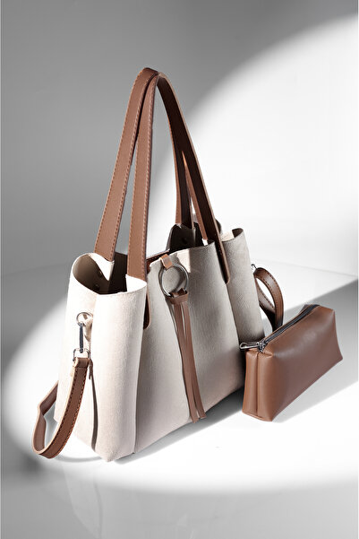 Rimense Women's Beige Suede Tan Faux Leather Hand and Shoulder Bag with Makeup Bag