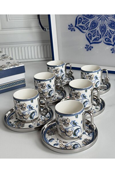 ROSSEV Türk Kahve Fincanı Blue Silver 6 Kişilik 12 Parça