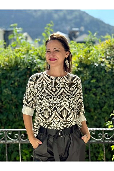 Punta Otantik YG6263 Μπλούζα με λαιμόκοψη με αυθεντικό σχέδιο ιταλικής πλεκτομηχανής καφέ