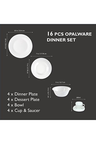 Houzi 16 Pcs Opal ware Dinner Set 4 c Dinner plate 4 x Dessert plate 4 x Bowl 4 x Cup and saucer