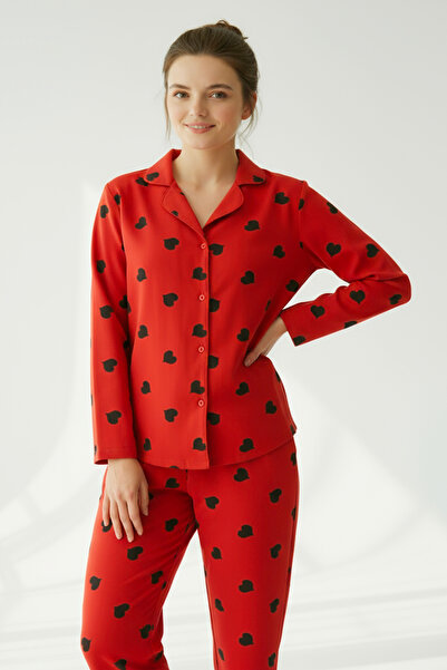 Bravie Suede Shirt Pajama Set 7107 Heart Red