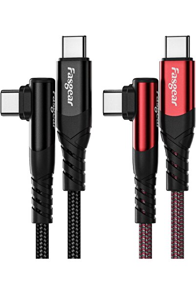 Fasgear كابل USB-C إلى USB-C، قطعتان، 1.8 متر، 60 واط، زاوية قائمة 90 درجة، ش...