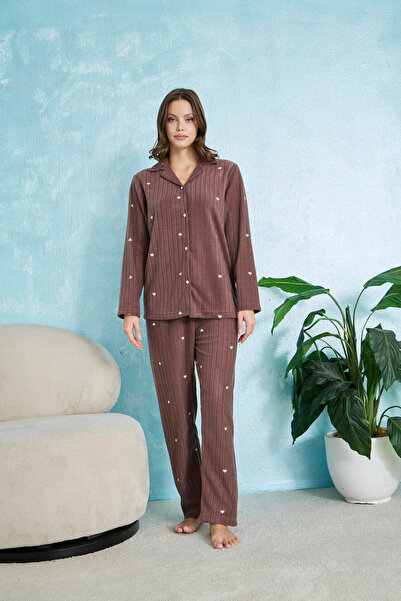 STELLAPİNK Fitilli Kalp Desenli Düğmeli Polar Pijama Takımı