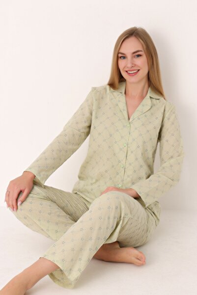 NBB Women's Patterned Long Sleeve Button Front Pajama Set 68264