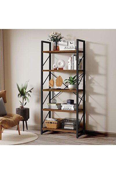 Chulovs 5-Tier Modern Classic Bookshelf, Wood & Metal Storage Shelf (Brown, Matte)