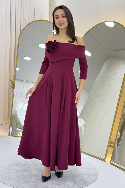 the ZKS Kadın Çıkarılabilir Çiçek Detay Madonna Yaka Midi Boy Elbise Bej, Bordo, Siyah, Kırmızı, Beyaz