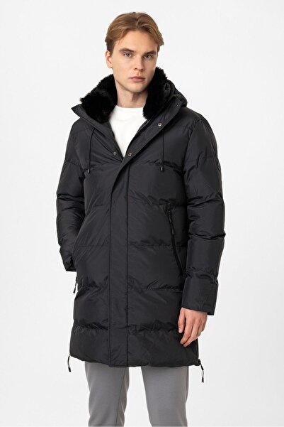 Back And Bond Siyah Regular Fit Kürklü Yaka Kapüşonlu Puffer Uzun Şişme Mont