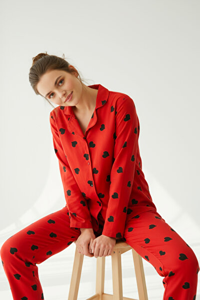 Bravie Suede Shirt Pajama Set 7107 Heart Red