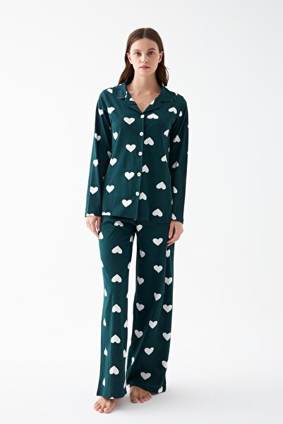 Akbeniz Women's Emerald Green Heart Patterned Buttoned Cotton Pajama Set