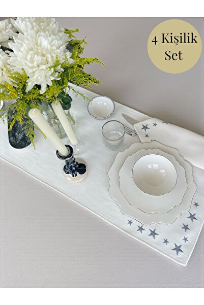Starry Glow 4 Kişilik Set / Yıldız Nakışlı Keten 4 Kişilik Set