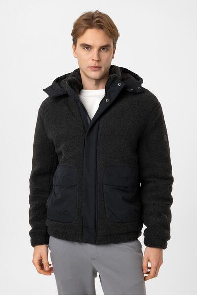 Back And Bond Antrasit Regular Fit Dolgulu Kapüşonlu Peluş Mont