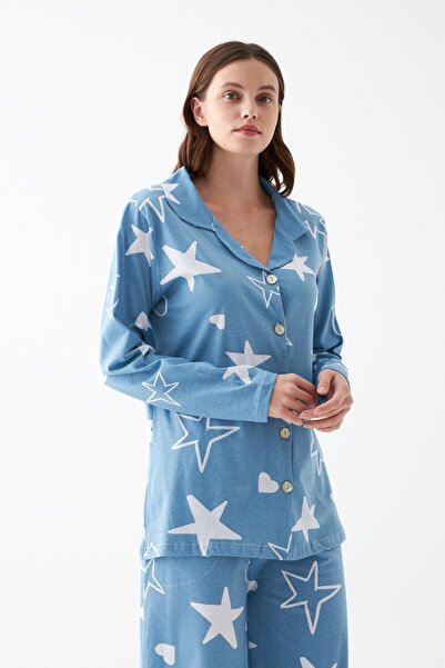 Akbeniz Women's Blue Star Patterned Buttoned Cotton Pajamas Set