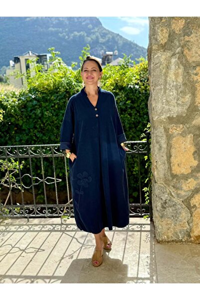 Punta Otantik Yg11383 Shoulder Lace Floral Italian Velvet Dress Navy Blue