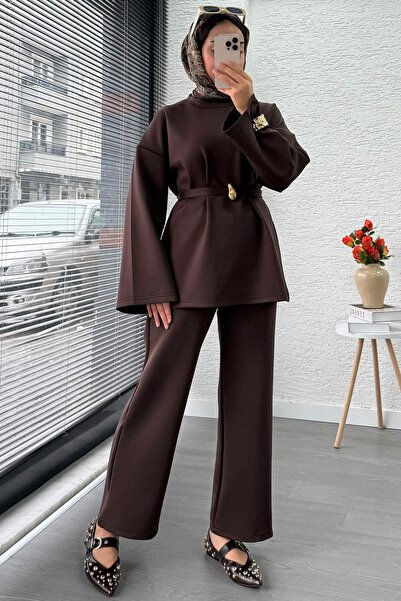 MELEK ARAZ Bronch Belted Scuba Women's Two-Piece Set – Brown