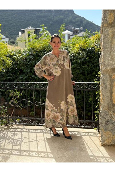 Punta Otantik Yg10392 Floral Pattern Italian Velvet Dress Mink